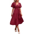 thumbnail image 1 of VISgogo Vestido Midi Elegante de Verano para Mujer, Vestido de Manga Corta con Cuello en V de Color Sólido con Cinturón para Fiesta en la Playa VISgogo  moda, 1 of 4
