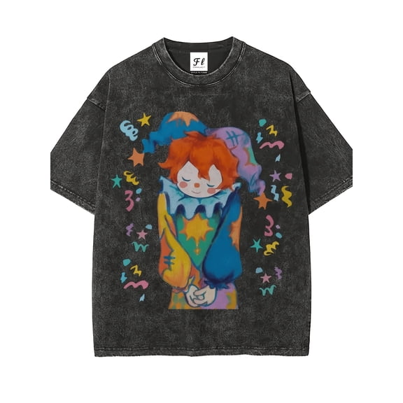 Sleeping Clown With Stars Vintage Oversized Washed Grunge Y2K Short Sleeves Crewneck Cotton Men's Women's Unisex Tee Shirt