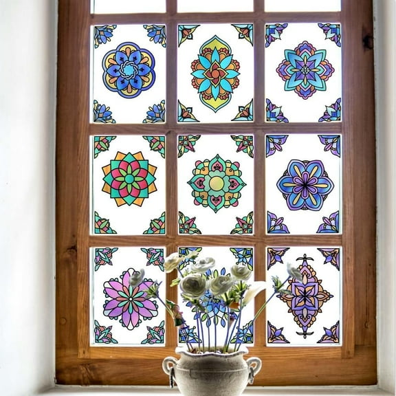 9PCS Mandala Window Stickers Colorful Mandala Window Decals Mandala Window Floor Clings Non-Adhesive Stickers Mandala Window Decal