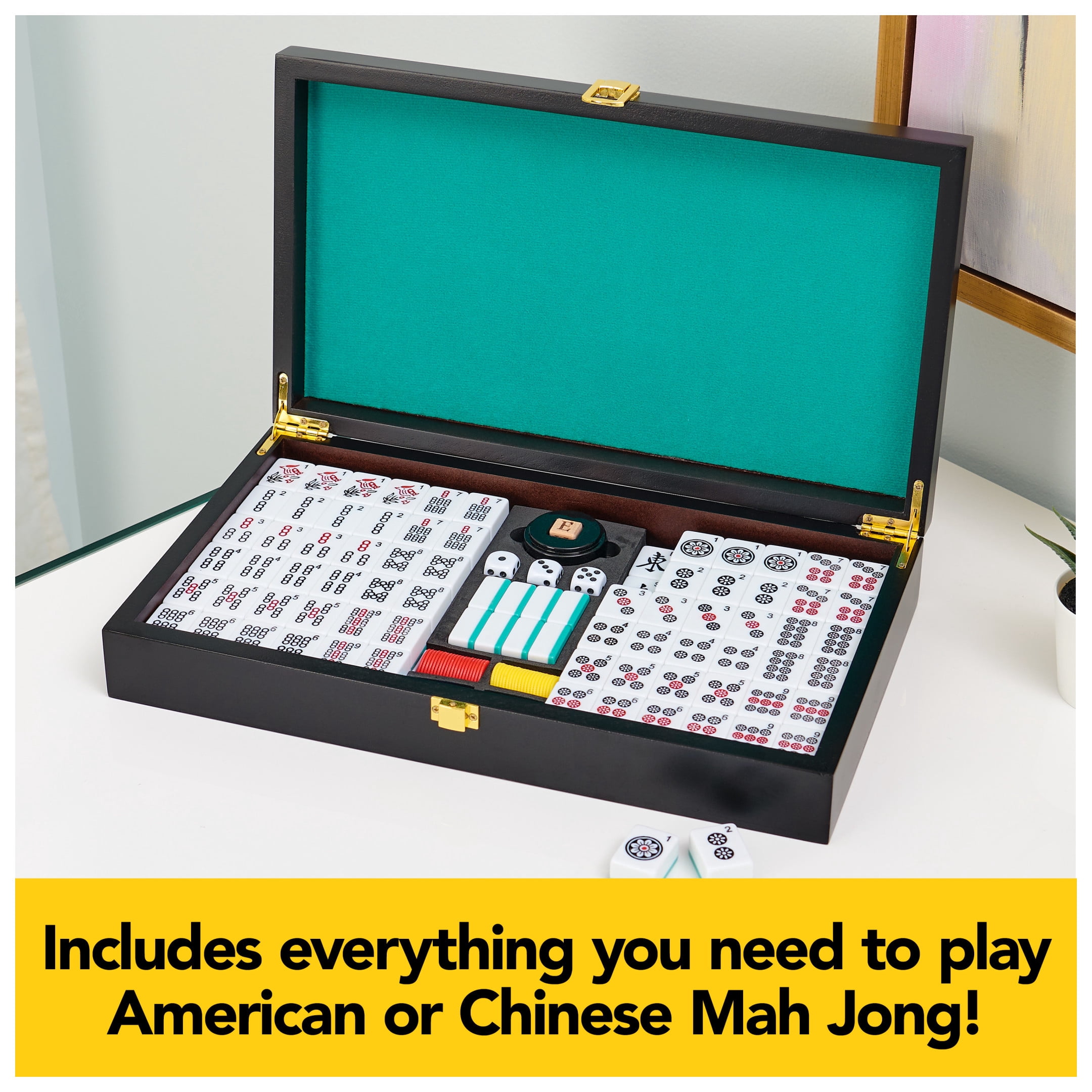 Legacy Deluxe Mah Jong Classic Game with Two-Toned Tiles and Lined Wood Storage Case, Family Game for 4 Players Ages 8 and up