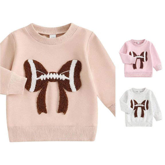 HCYSFG Girls Bowknot Football Embroidered Sweatshirt Long Sleeve Crewneck Pullover Fall Winter Daily School Casual Loose Top