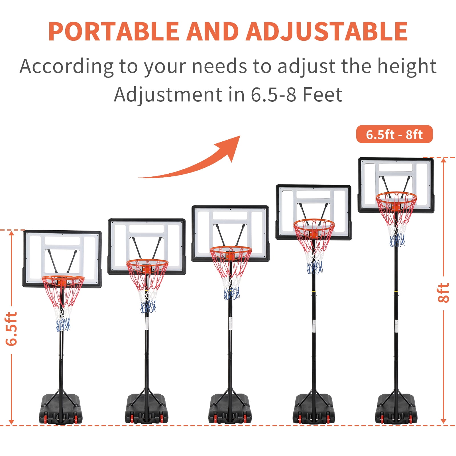 Ktaxon 33 In. Portable Basketball Hoop Stand, 6.5-8 ft Adjustable Basketball Goal System, with PVC Backboard Indoor/Outdoor