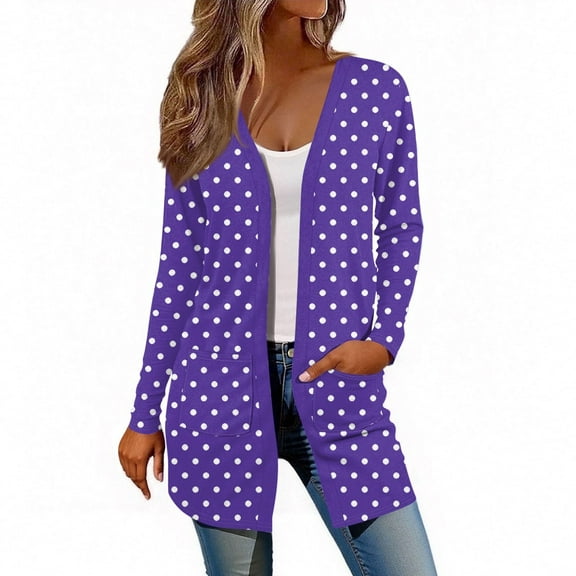 GXIPO Women's Casual Loose Long Sleeve Cardigans Open Front Lightweight Jacket Sweaters with Pockets Polka Dots Purple S