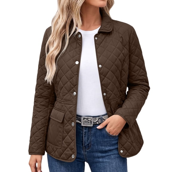 Awdenio Fall Jackets for Women Quilted Lightweight Warm Casual Long Sleeve Lapel Zipper Padded Basic Solid Color Jacket