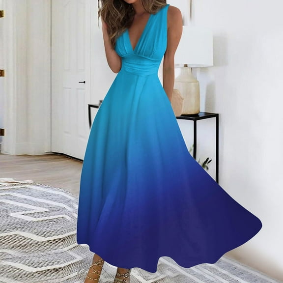 kytmyeq Women's Long Dress Maxi Dress Casual Dress Summer Casual Sleeveless V Neck Boho Waist Retraction Printed Dress
