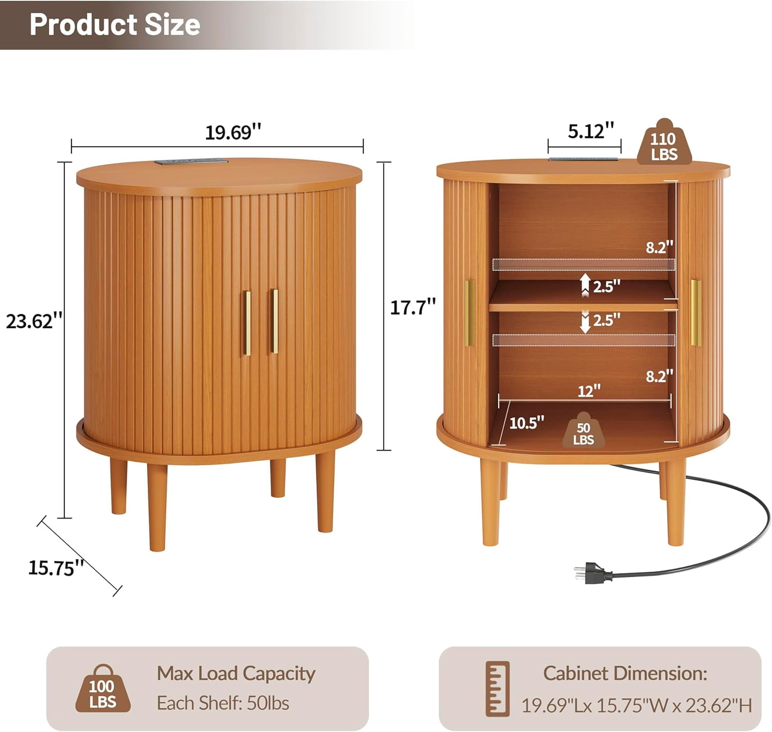 1-Piece Nightstand Set with Charging Station Mid-Century Modern, Yellow Fluted Side Tables with Sliding Door & Adjustable Shelf, Space-Saving End Table for Bedroom, Living Room