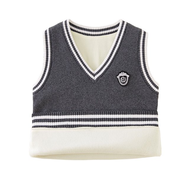 Pull Sans Manches pour Garçons et Filles Couleur Unie Doublé Polaire Col Rond Tricoté Gris Foncé