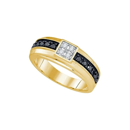 Gold Mens Cluster Ring - 10kt Yellow Gold Mens Round Black Color Enhanced Diamond Cluster Wedding Band Ring 1/2 Cttw