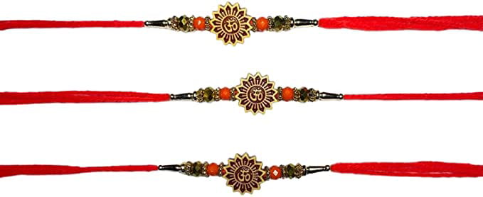 IndiaBigShop Set of 3 Rakhi for Brothers OM Design Rakhi with Golden Color Beads Design Rakhi Bracelet Multi Design and Assorted Color 