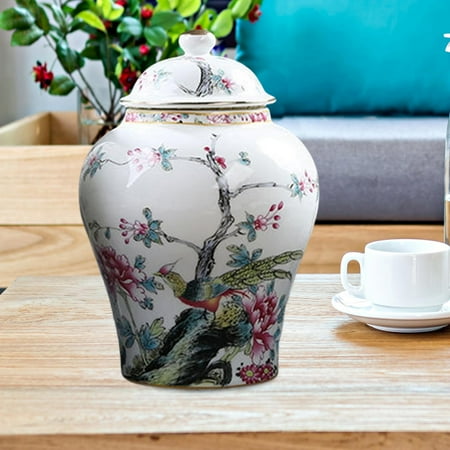 

Ceramic Ginger Jar Chinese Porcelain Temple Jar Tea Container with Lid Flower Arrangement for Home Bedroom Desk Decoration Ornament Style A