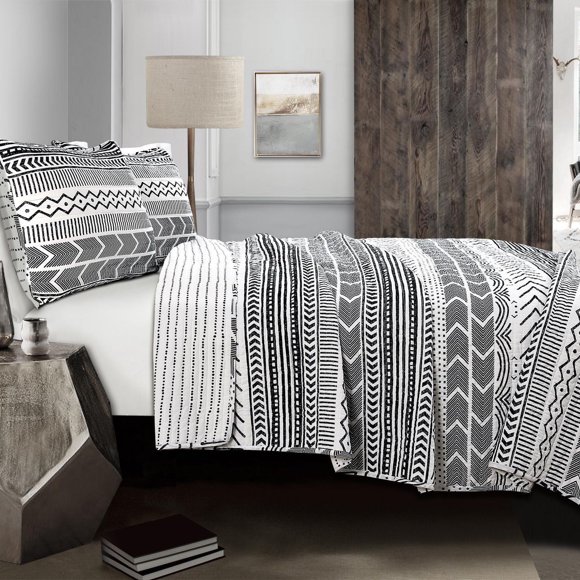 Lush Decor Hygge Geo Quilt Black/White 3Pc Set F/Q