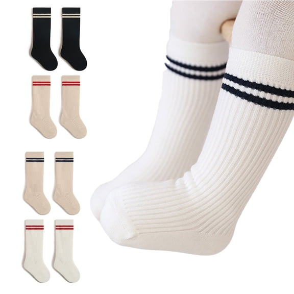 LYMAYTER 0-8Y Infant Toddler Unisex Knee-High Socks Thin Cotton Double-Stripe Solid Color Breathable Soft 1 Pair