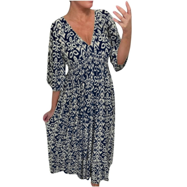 Mefallenssiah Mode Femmes Été Décontracté Taille Élastique Col en V Imprimé Manches 3/4 Robe Ample