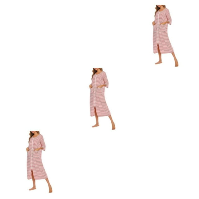 yingyy 1/2/3 Polyester Robe de Nuit Femme Décontractée Col Rond Manches Longues Double Poche Respirante Robe de Maison Vêtement de Nuit Rouge m 3 Pcs