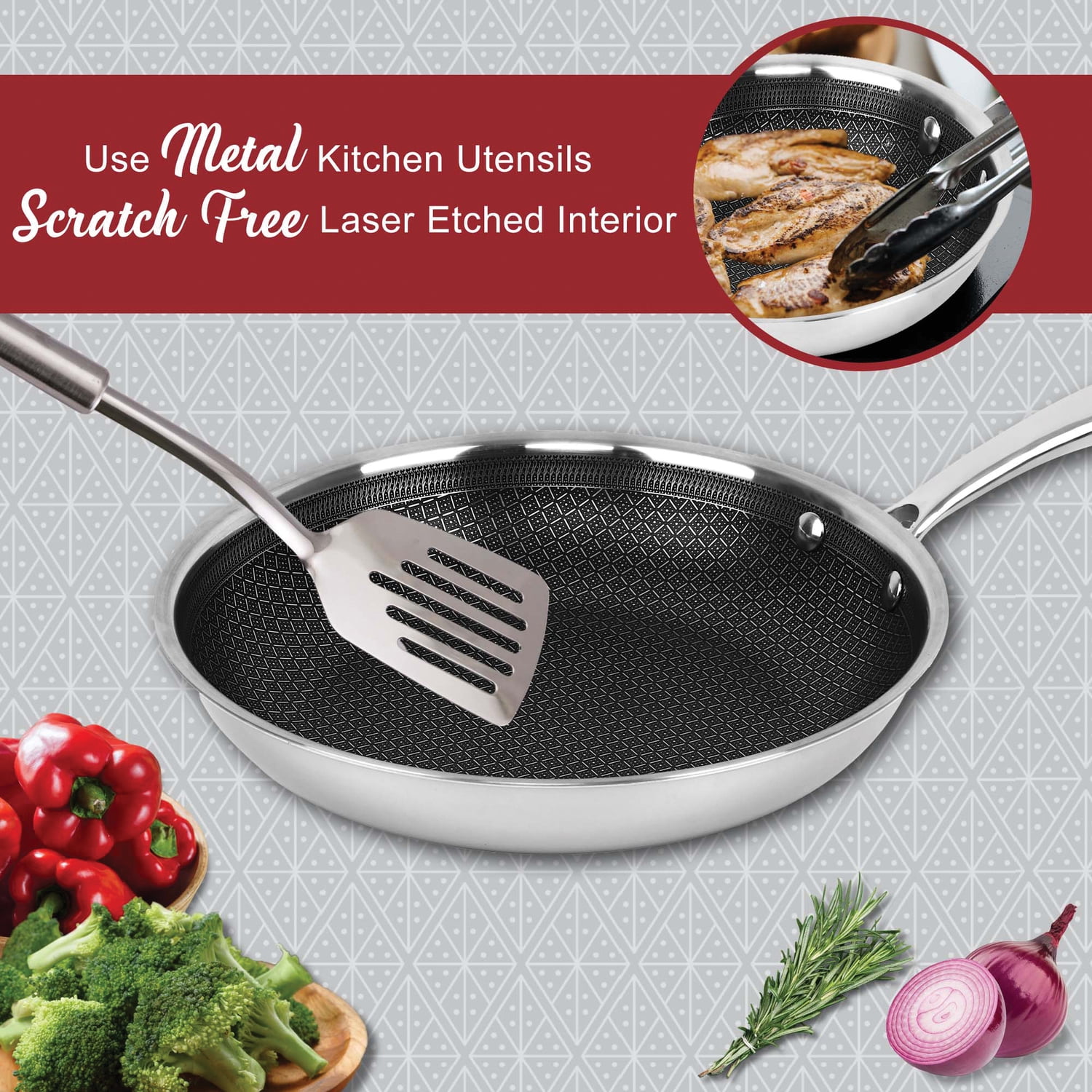 Brentwood 3-Ply Hybrid Non-Stick Stainless Steel Induction-Ready Frying Pan (9.5 In.)