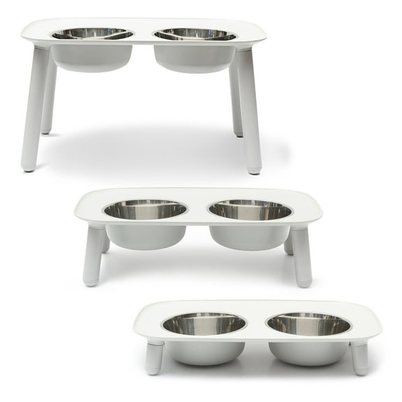 Messy Mutts Elevated Double Feeder with Stainless Bowls | Adjustable Height 3”, 5”, or 10” | Adjustable Standing Feeder for Dogs | 5 Cups per Bowl | Light Grey