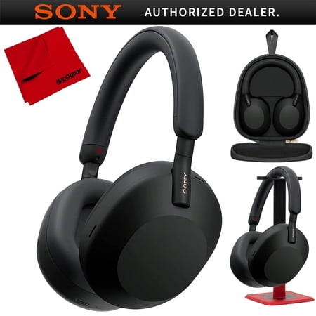 Sony WH-1000XM5 Wireless Industry Leading Noise Canceling Headphones, Black Bundle with Deco Gear Pro Audio Headphone Stand - Matte Black + 6 x 6 inch Microfiber Cleaning Cloth