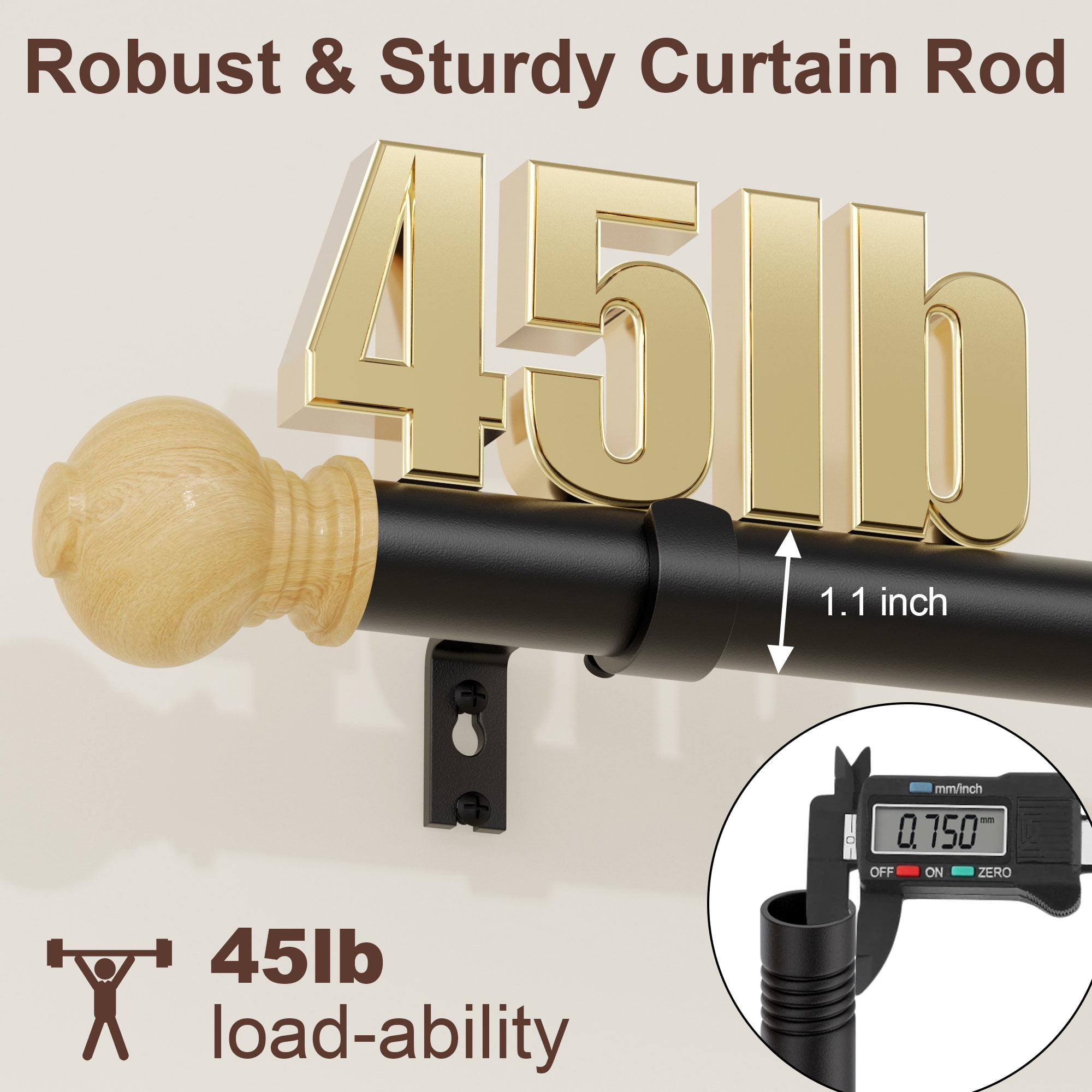 Curtain Rods for Windows 16 to 144 Inches, Adjustable 1 Inch Diameter Heavy Duty Curtain Rods with Wood Finials, Decorative Matte Black Drapery Rods with Brackets, Indoor/Outdoor Curtain Rod