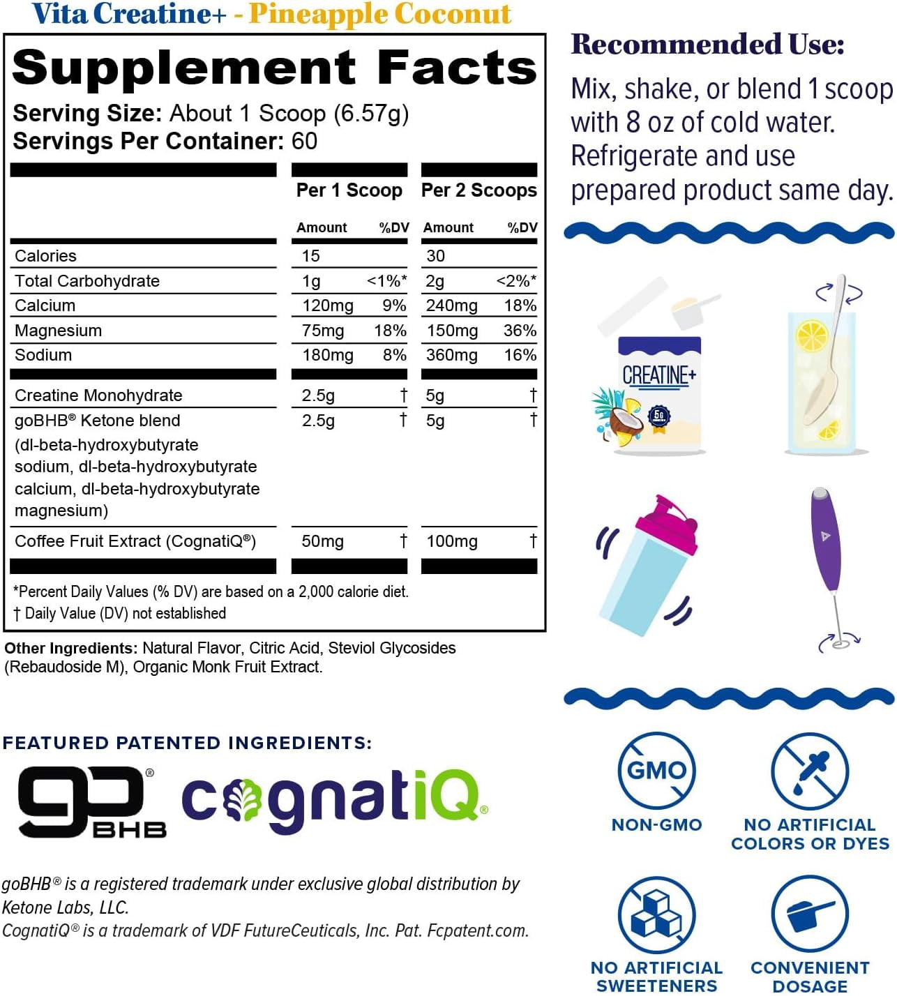 Vitauthority Creatine Powder for Women with goBHB and CognatiQ, Pineapple Coconut, 60 Servings