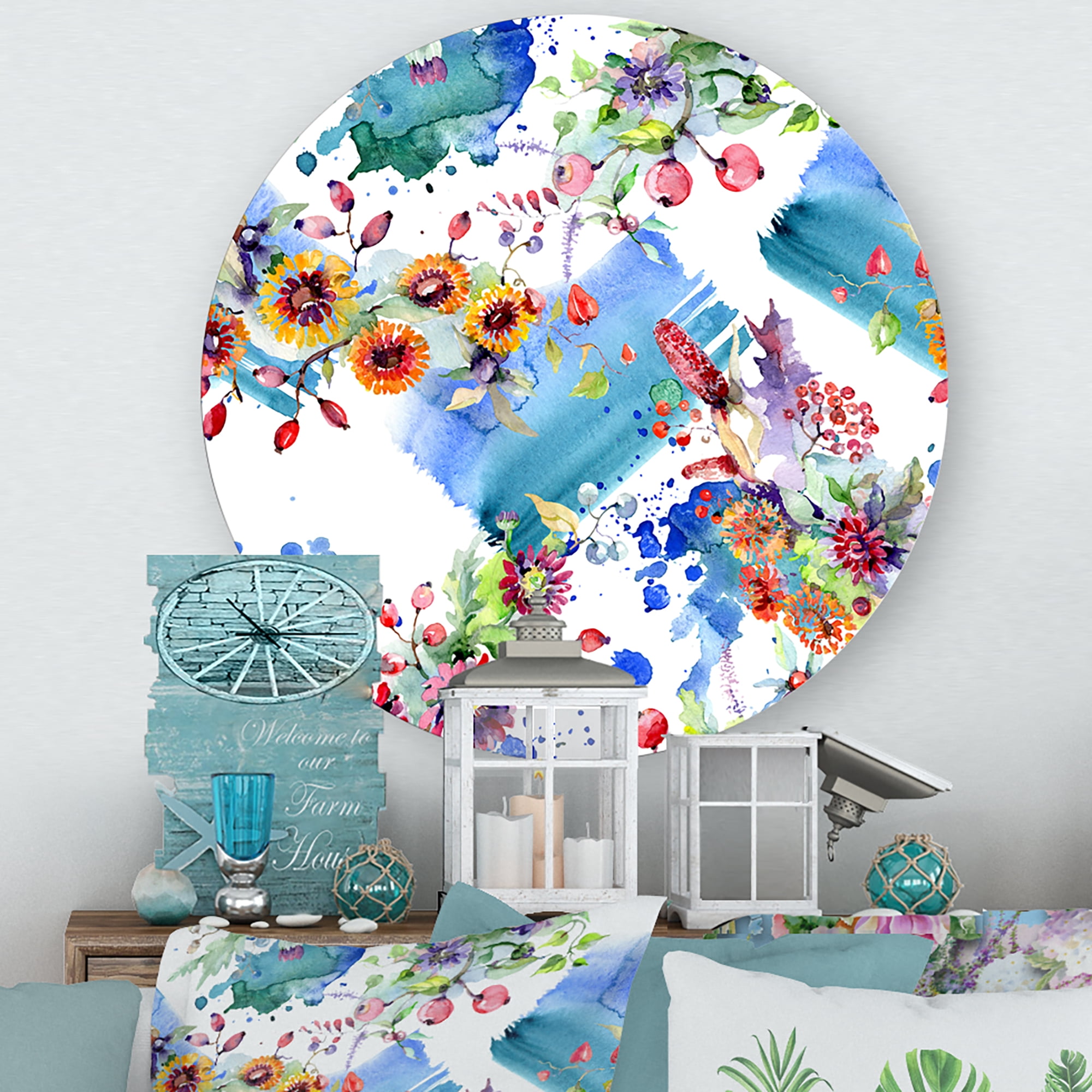 Designart 'Wildflowers and Vibrant Wild Spring Leaves IX' Modern Circle Metal Wall Art 11x11 - Disc of 11