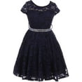 thumbnail image 1 of Little Girl Cap Sleeve Lace Skater Stone Belt Flower Girls Dresses (19JK88S) Navy 2, 1 of 4