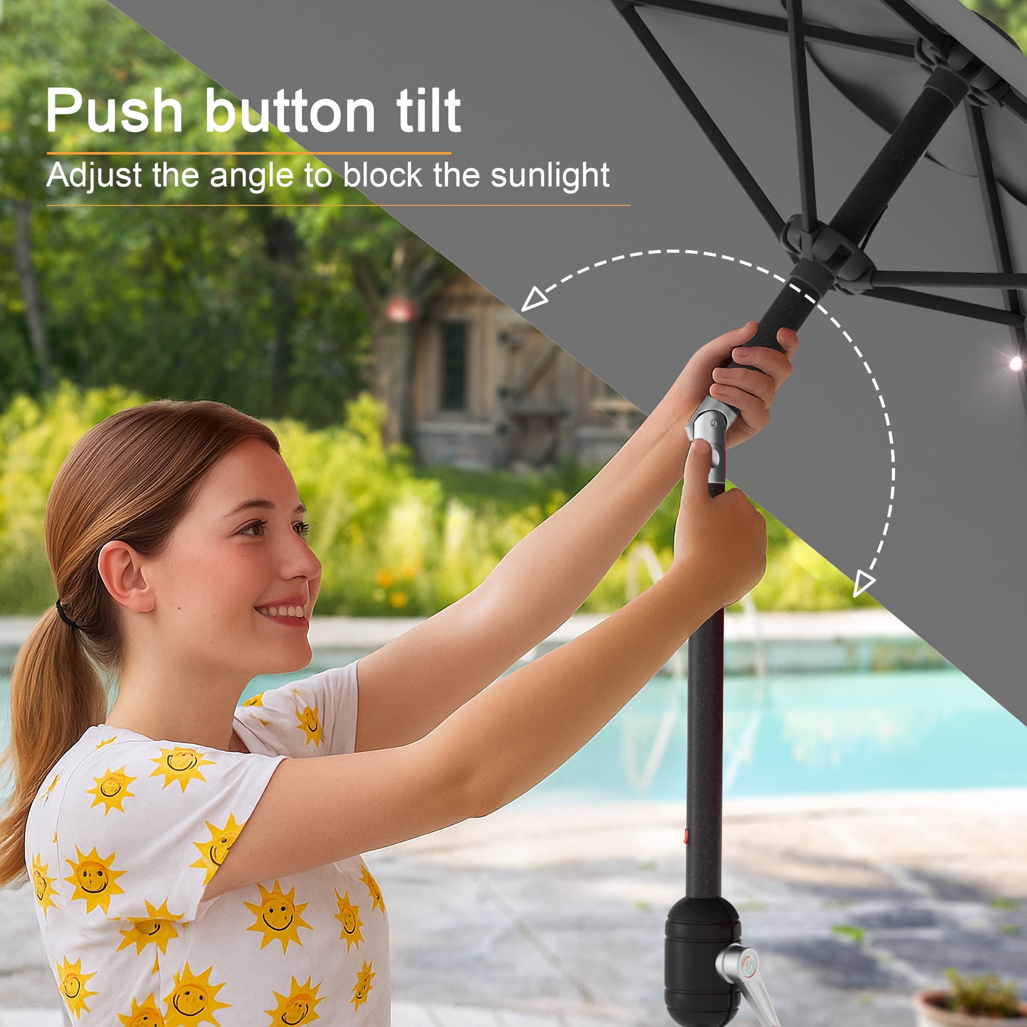 ACEGOSES LED Outdoor Patio 6.5x6.5ft Deck Solar Light Market Umbrella, Outside Table Umbrellas With Polyester canopy,Gray