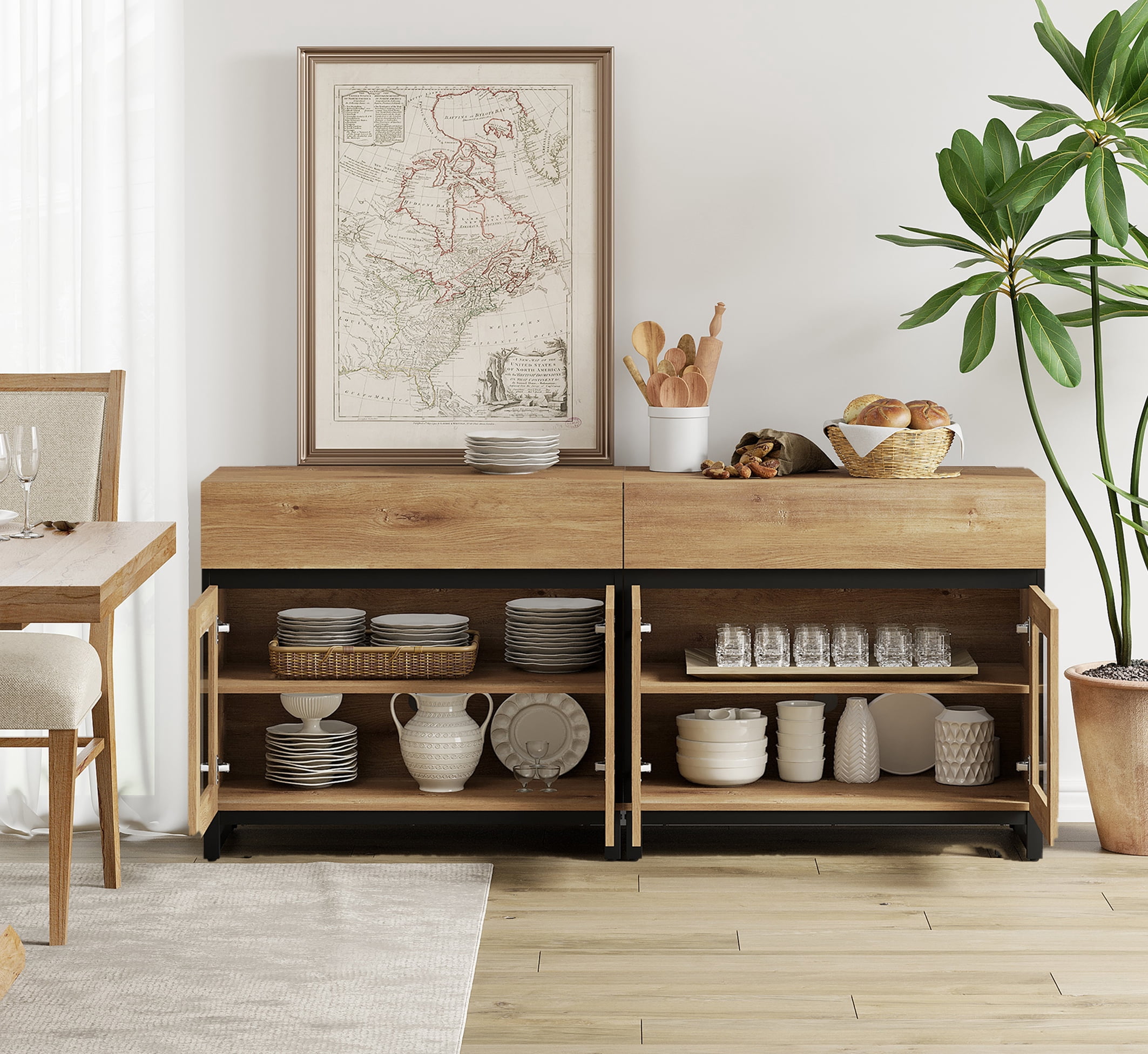 WAMPAT 63" Multifunctional Modern Sideboard Buffet Cabinet with 4 Glass Doors, Credenza & Coffee Bar Storage Cabinet for Living Room & Kitchen