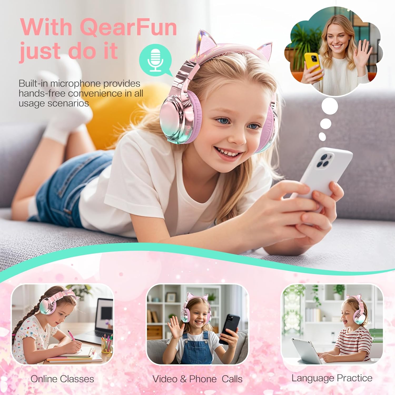QearFun Cat Ear Kids Headphones, 60H Playtime, Pink photo 5