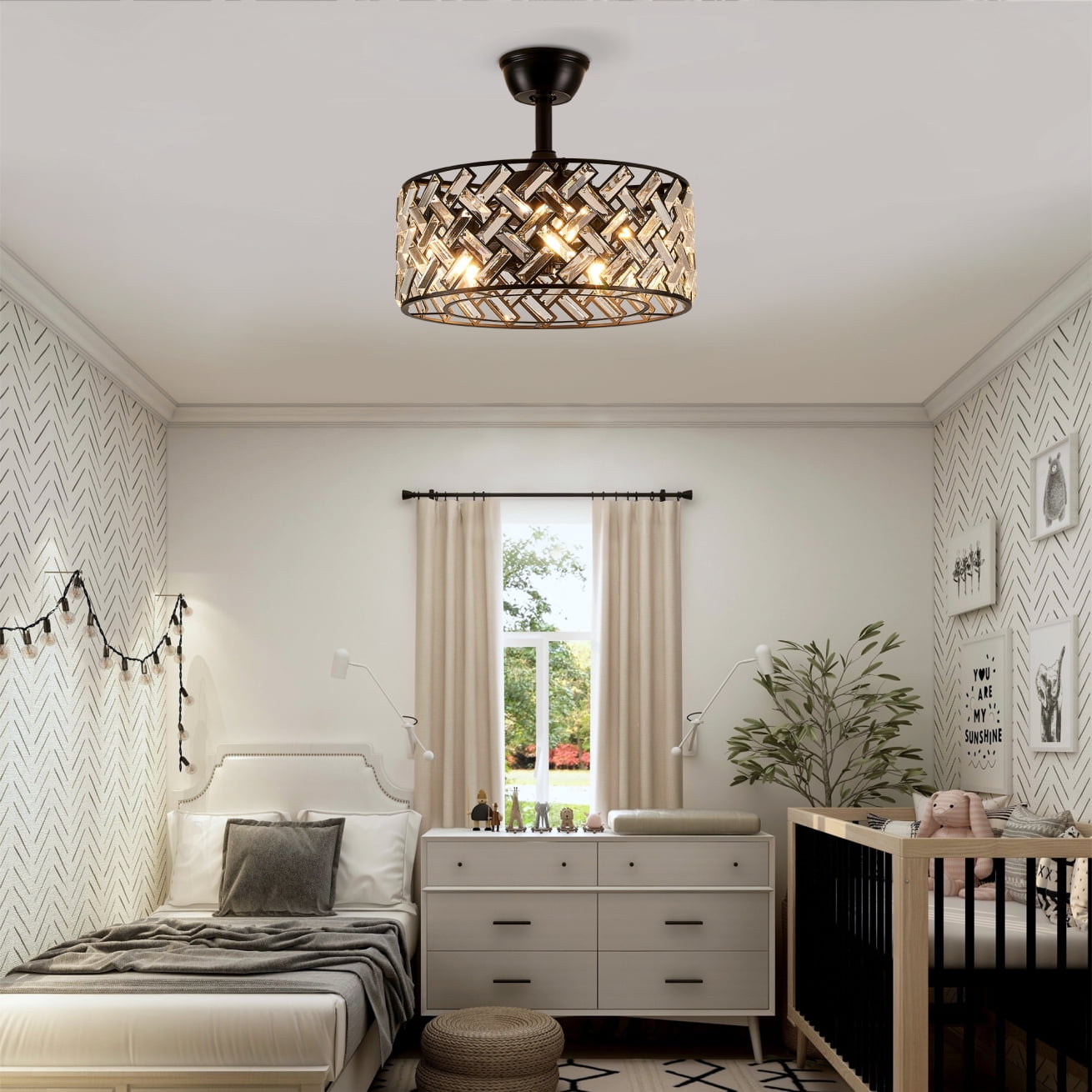 18 Inch Crystal Cage Ceiling Fan with Remote Control and Light, Quiet Reversible Motor Chandelier Fan for Bedroom Living Room Dining Room Kids Room, Matte Black Finish