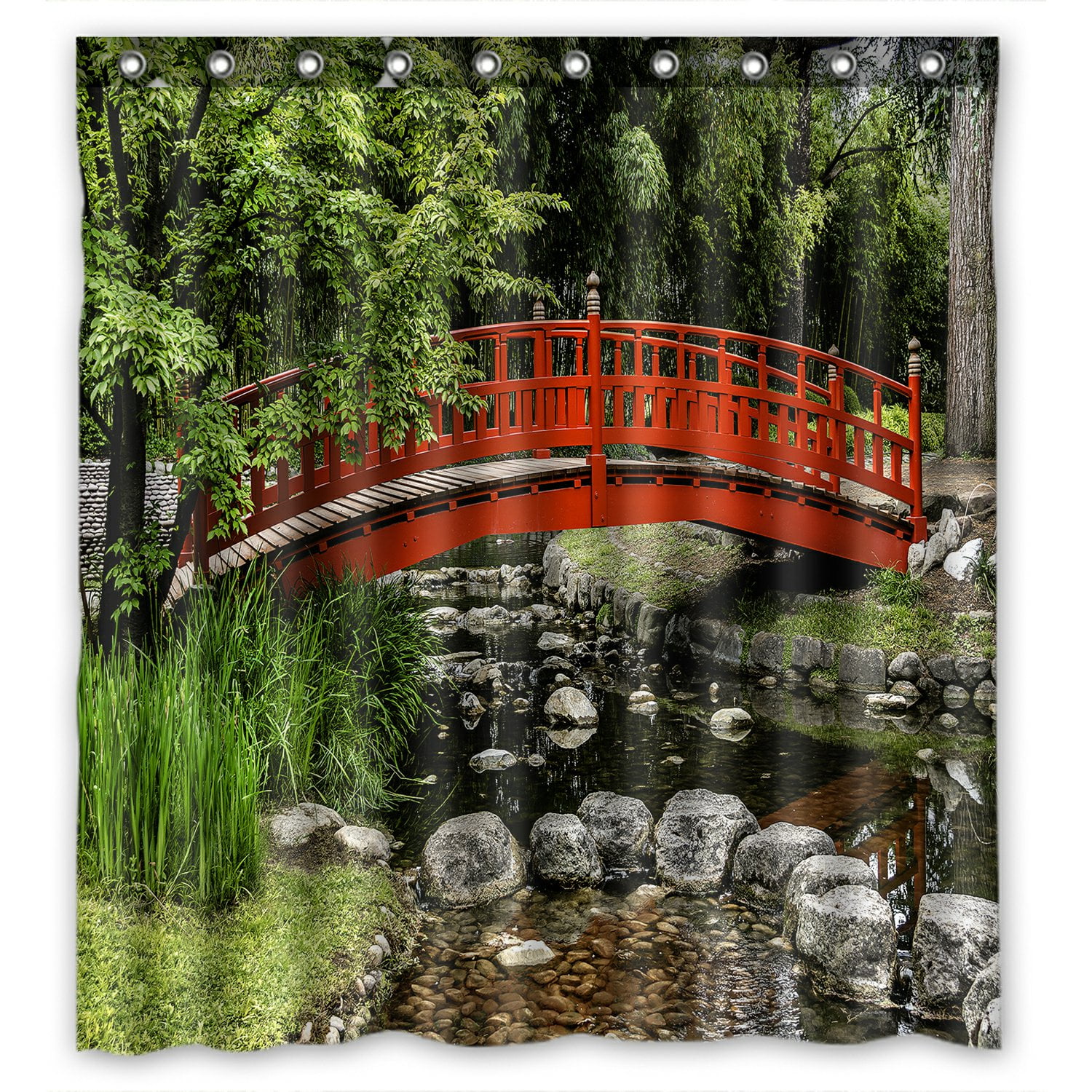 PHFZK Asian Shower Curtain, Landscape with Japanese Bridge Polyester