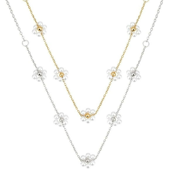 2PCS 18K Gold Plated Daisy Necklace for Women Summer Flower Necklace Gold Floral Pearl Pretty Choker Jewelry Gifts for Valentine's Day Birthday Wedding Party Colorful DIY