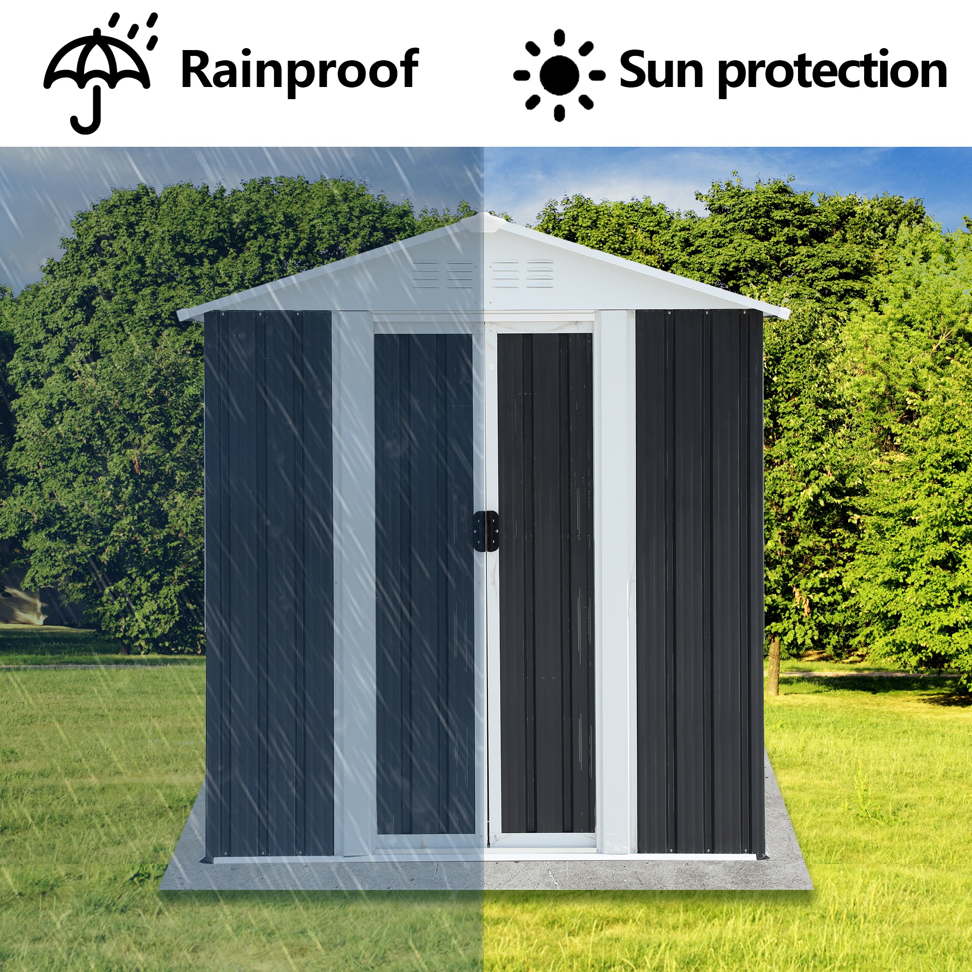 5x3ft  Waterproof Metal Outdoor Garden Storage Shed with Sliding Doors&Apex Roof