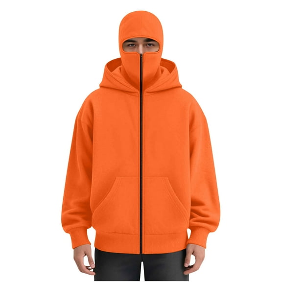 Mens Balaclava Hoodie Winter Double Hooded Zip Jacket Loose Fit Zip Up Fashion Hoodies Jacket Fleece-Lined Hoodie with Built-In Balaclava Wind-Resistant Streetwear Sweatshirt with Ski Mask