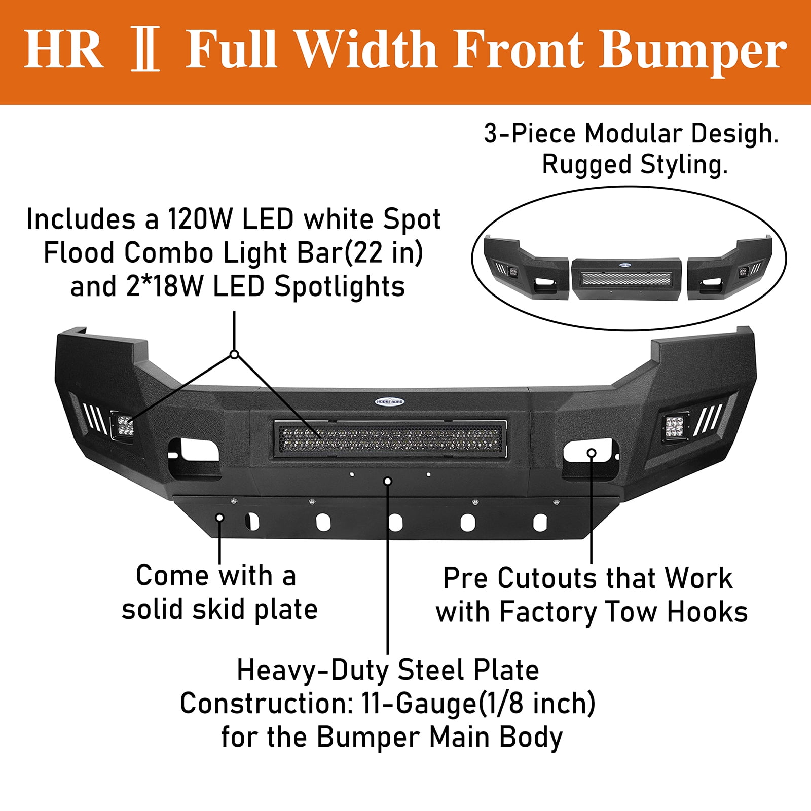 Hooke Road Fit Ford F-250 2005 2006 2007 Steel Front Bumper with Skid Plate & 120w LED Light Bar