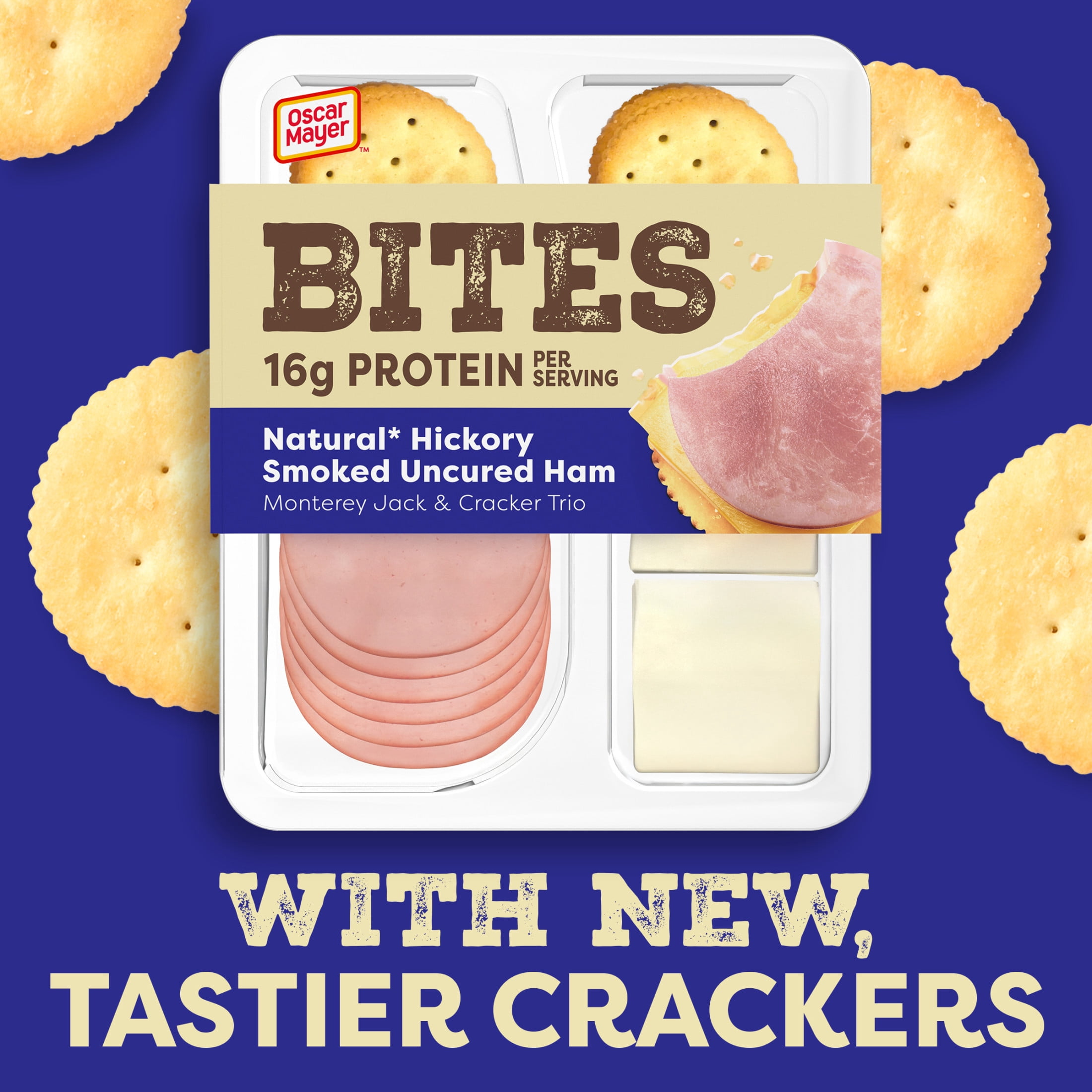 Oscar Mayer Bites Natural Hickory Smoked Uncured Ham, Monterey Jack & Cracker Trio Lunch Kit, 1 Tray, for Easy Lunch and On-the-Go Snacking, 16g Protein Snacks, 3.3 oz