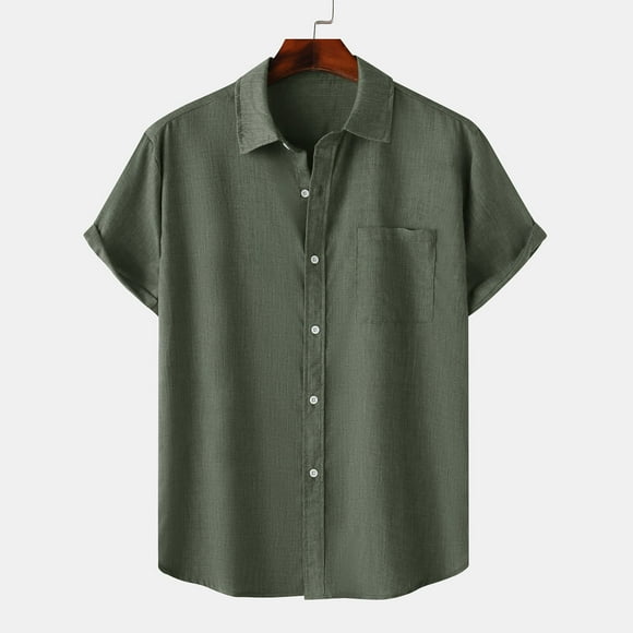 BADHUB Men's Button Down Shirt Casual Short Sleeve Lightweight Shirt Solid Cotton Dress Shirt Summer Cuban Wedding Tops Holiday Deals