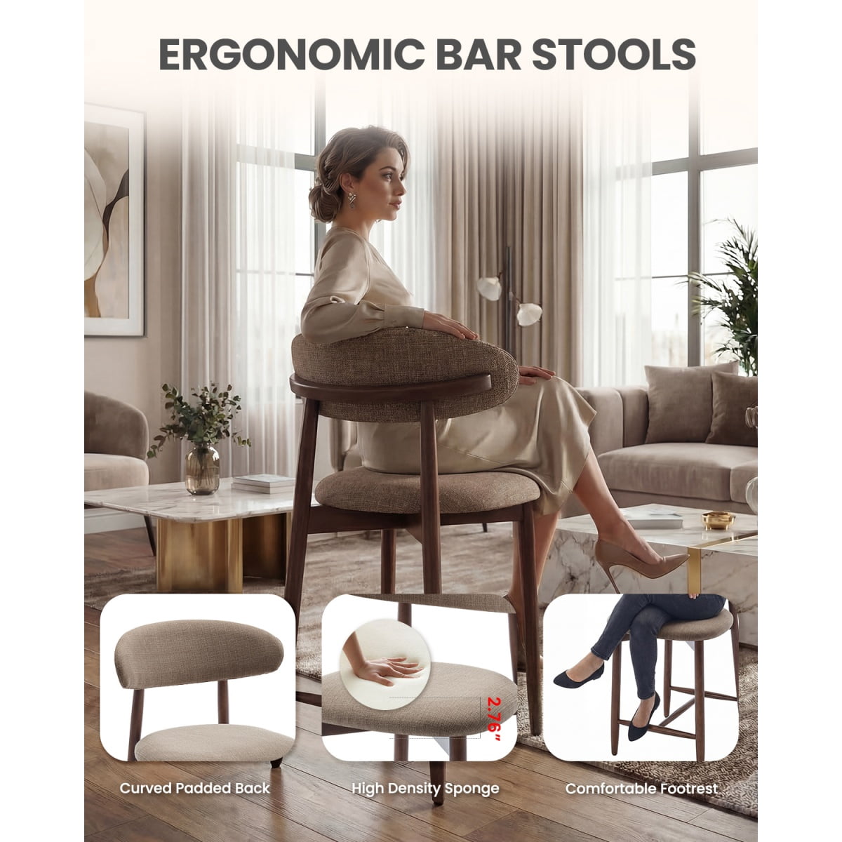 EOP Modern Bar Stools Set of 2, Upholstered 25.59″ Counter Height Bar Stools, Kitchen Island Barstools with Wood Legs for Kitchen Island Dining Room Bar, Camel