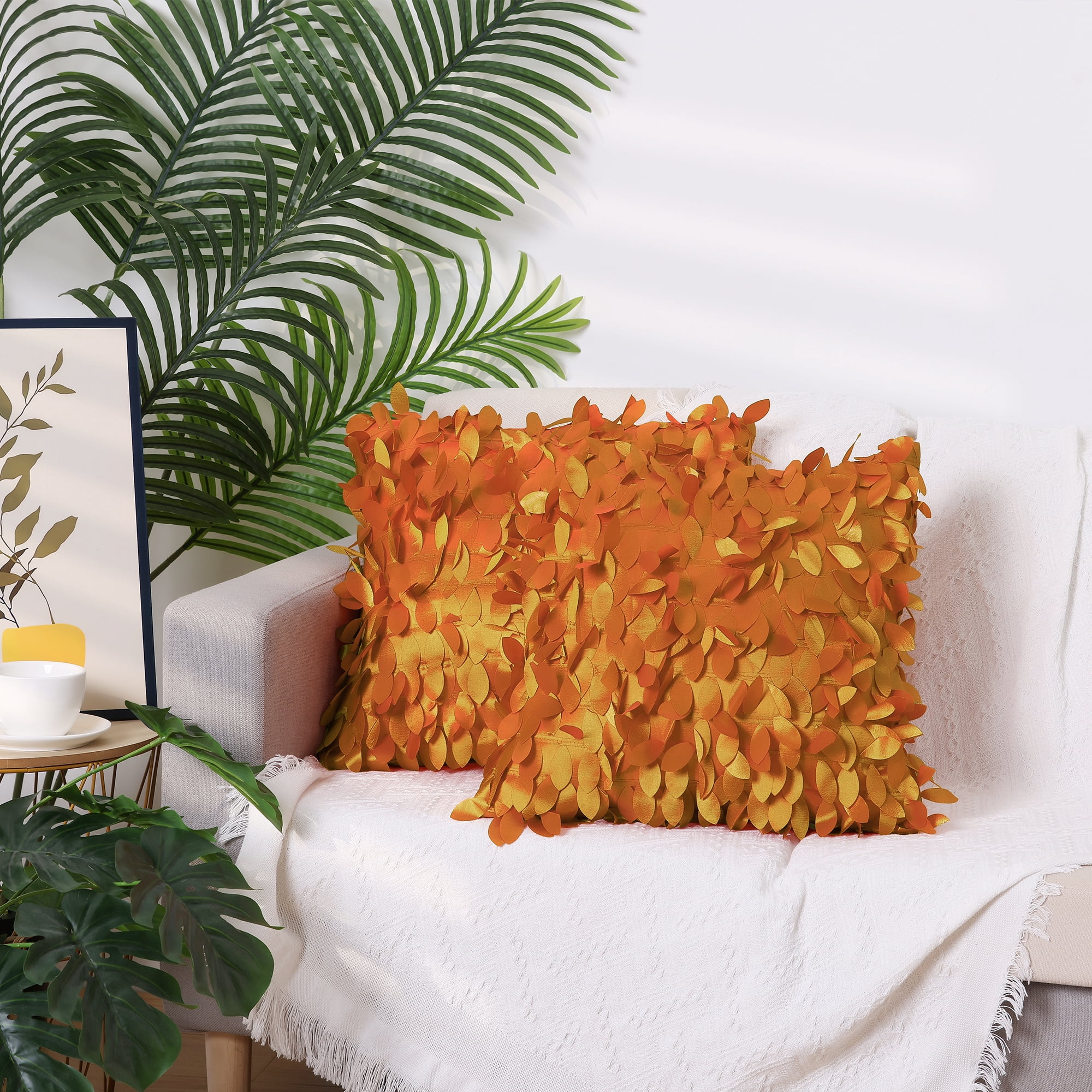 Unique Bargains Sequins Leaf 3D Throw Pillow Cover Pack of 4 Solid Color Cushion Covers Orange/Gold 18" x 18"