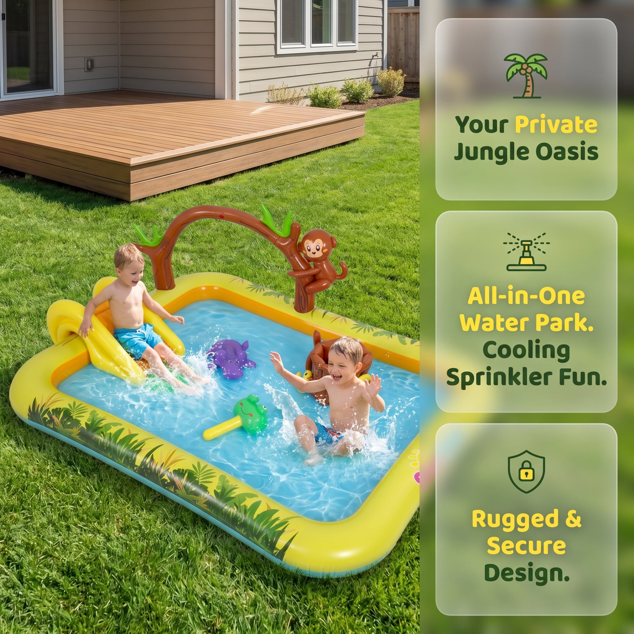 Sun Club Jungle Themed Inflatable Play Center Spray Pool with Slide, Sprinkler & Ring Toss Game, Outdoor Kids Water Play Pool for Toddlers 2-6, Backyard Summer Fun