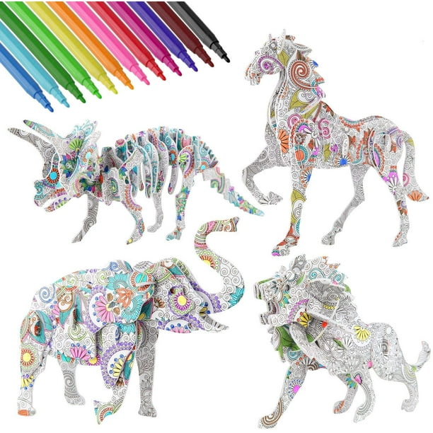Ensemble de puzzle de coloriage 3D, 4 puzzles de peinture d'animaux avec 12  marqueurs de stylo, cadeau créatif de bricolage pour garçons filles âgés de  8 à 12 ans 