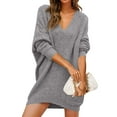 thumbnail image 4 of Female Elegance Knitted Dress Fashion Long Sleeves V-neck Mid Length Warm Dresses Autumn Winter Lady Solid Color Loose Gown Dress Gray L, 4 of 5