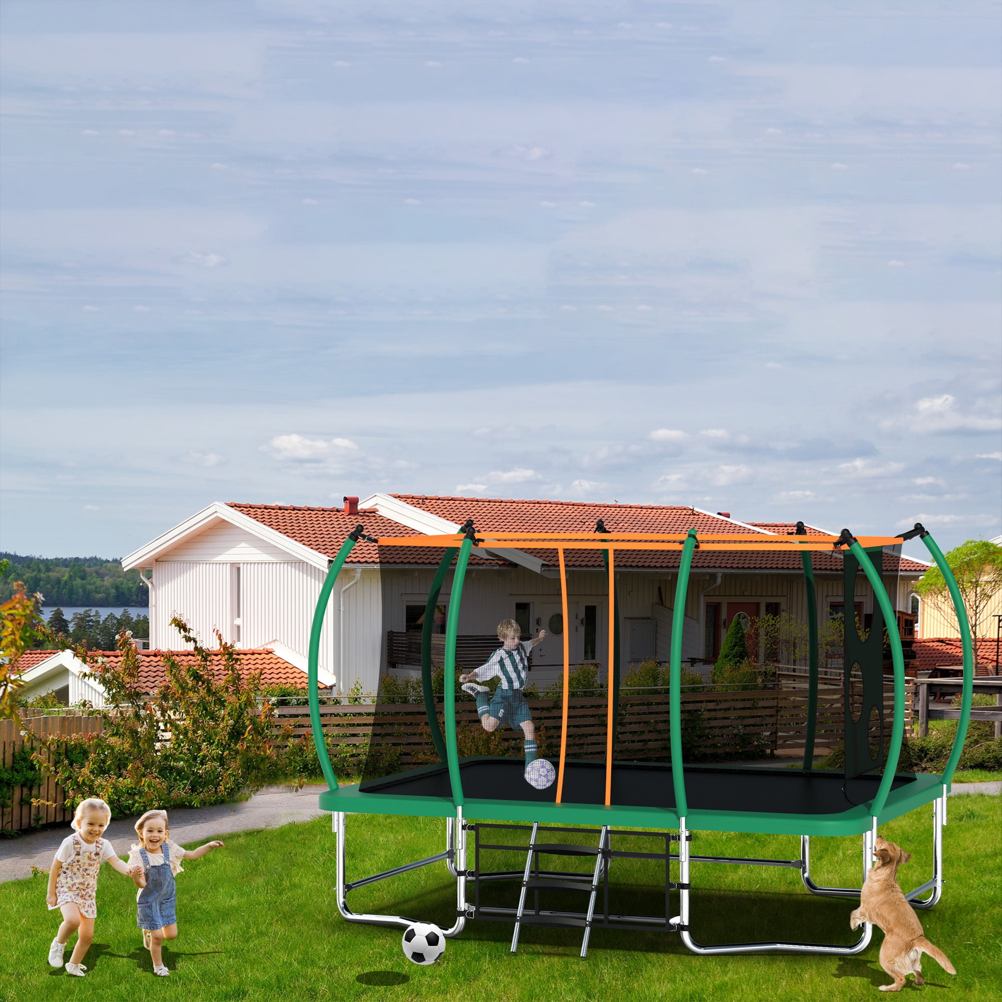 8X14FT Trampoline for Kids and Adults,Large Rectangle Trampoline with Enclosure Net,Green