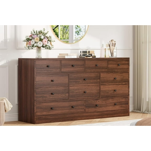 Roromall Large 12 Drawer Dresser for Bedroom, Wood Dresser with Power Outlet, Wide Chest of Drawers for Living Room, Hallway, Dressers with Smooth Metal Rail