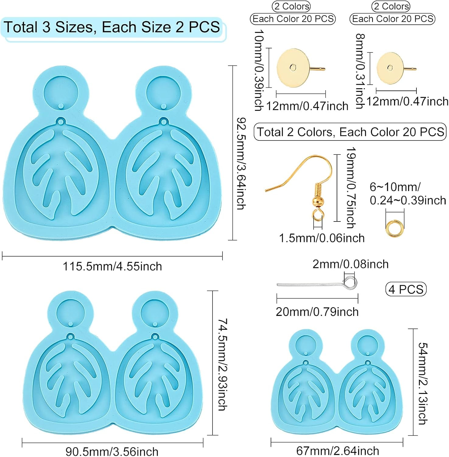 6Pcs 3 Sizes DIY Leaf Dangle Stud Earrings Silicone Molds Deep Sky Blue Resin Casting Molds DIY