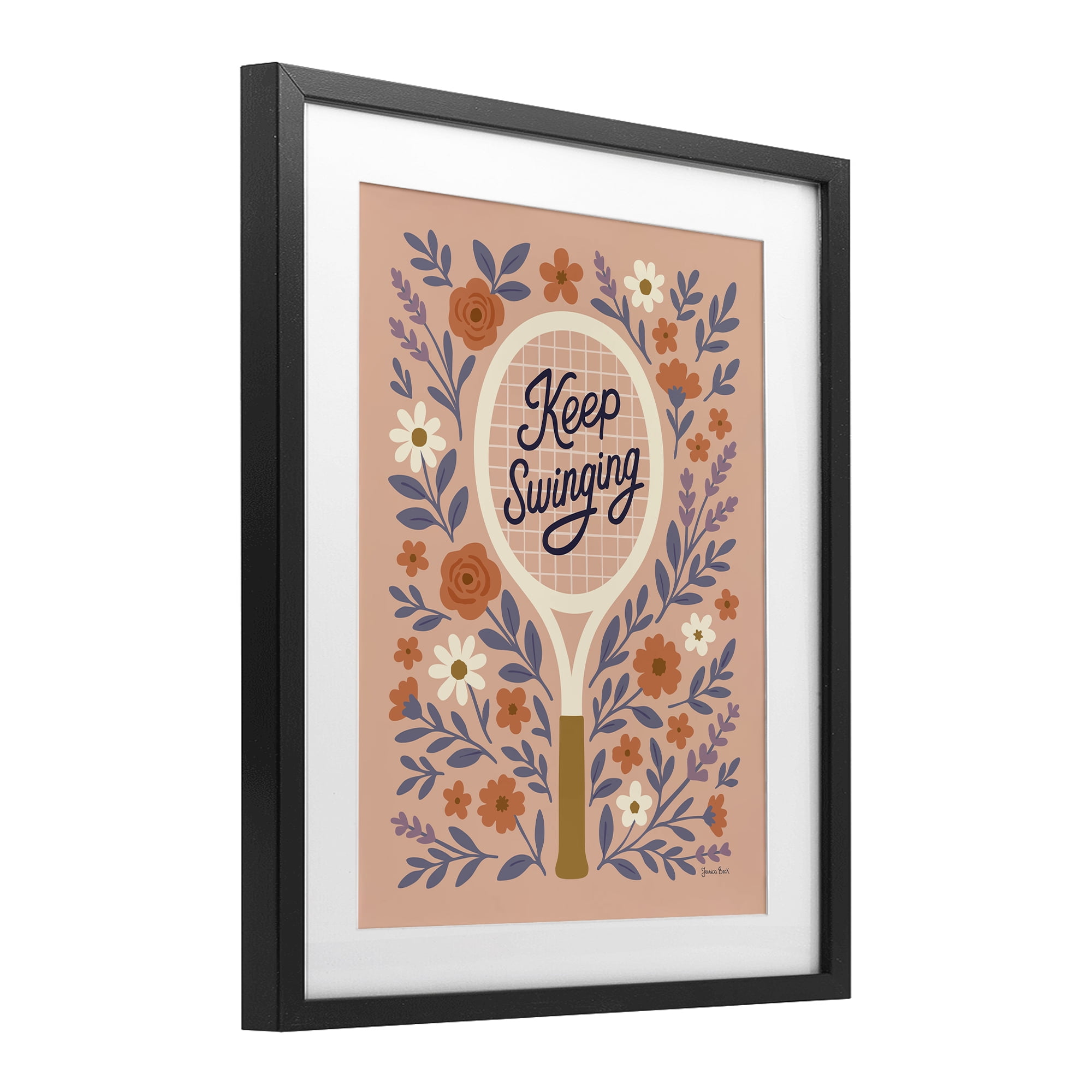 Stupell Industries Keep Swinging Floral Tennis Black Framed Print Under Glass, design by Jessica Beck