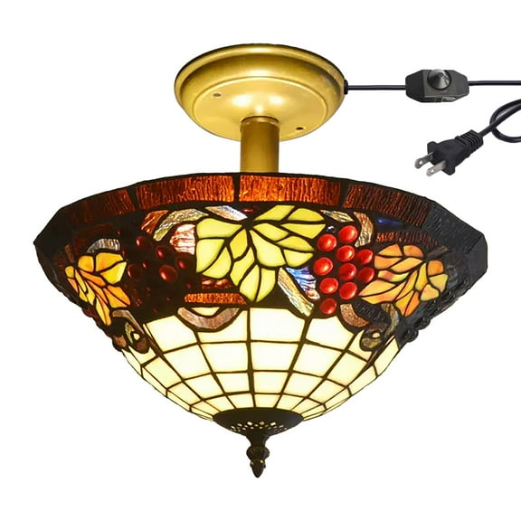 Kiven 13.8in Flush Mount Ceiling Light Fixture Dimmable, 3-Light Anti Glare Close to Ceiling Light with 15FT Plug-in Cord, Tiffany-Style Glass Chandelier for Bedroom Kitchen Hallway(No.3198)