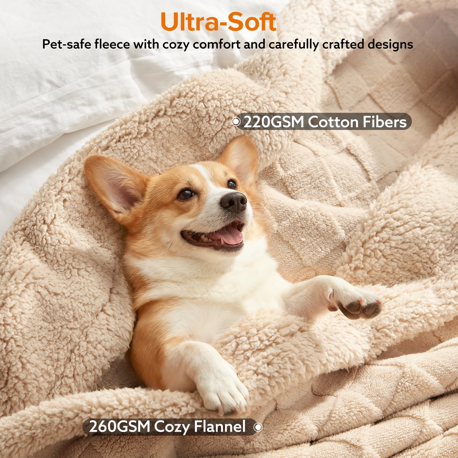 Pet Checkered Fleece Throw Pet Blanket for Couch, Plaid Jacquard Fluffy Blanket for Fall and Winter, Soft Warm 3D Design, Living Room Decor, Light Brown, XXL