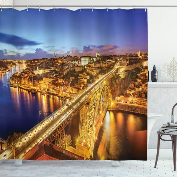 Ambesonne City Shower Curtain, Porto Dom Luis Bridge, 69"Wx70"L, Apricot Violet Blue