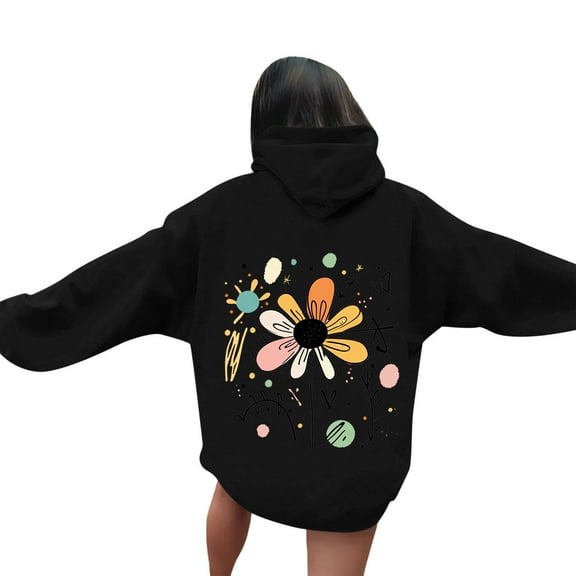 VOONCAS Women's Cottagecore Floral Hoodie - Artistic Print, Polyester with Kangaroo Pocket, Black, Size 2XL