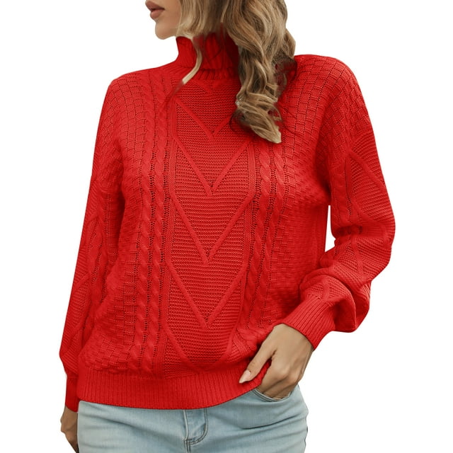Camiseta mujer, Suéter de mujer Cuello alto Cable Suéteres casuales sueltos Abanopi Rojo/Grande